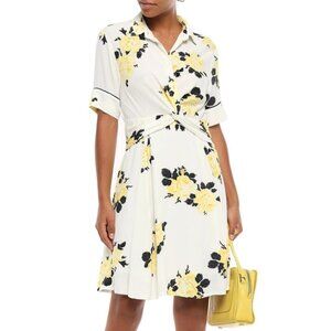 GANNI White & Yellow Floral Silvery Twist-Front Short Sleeve Crepe Dress